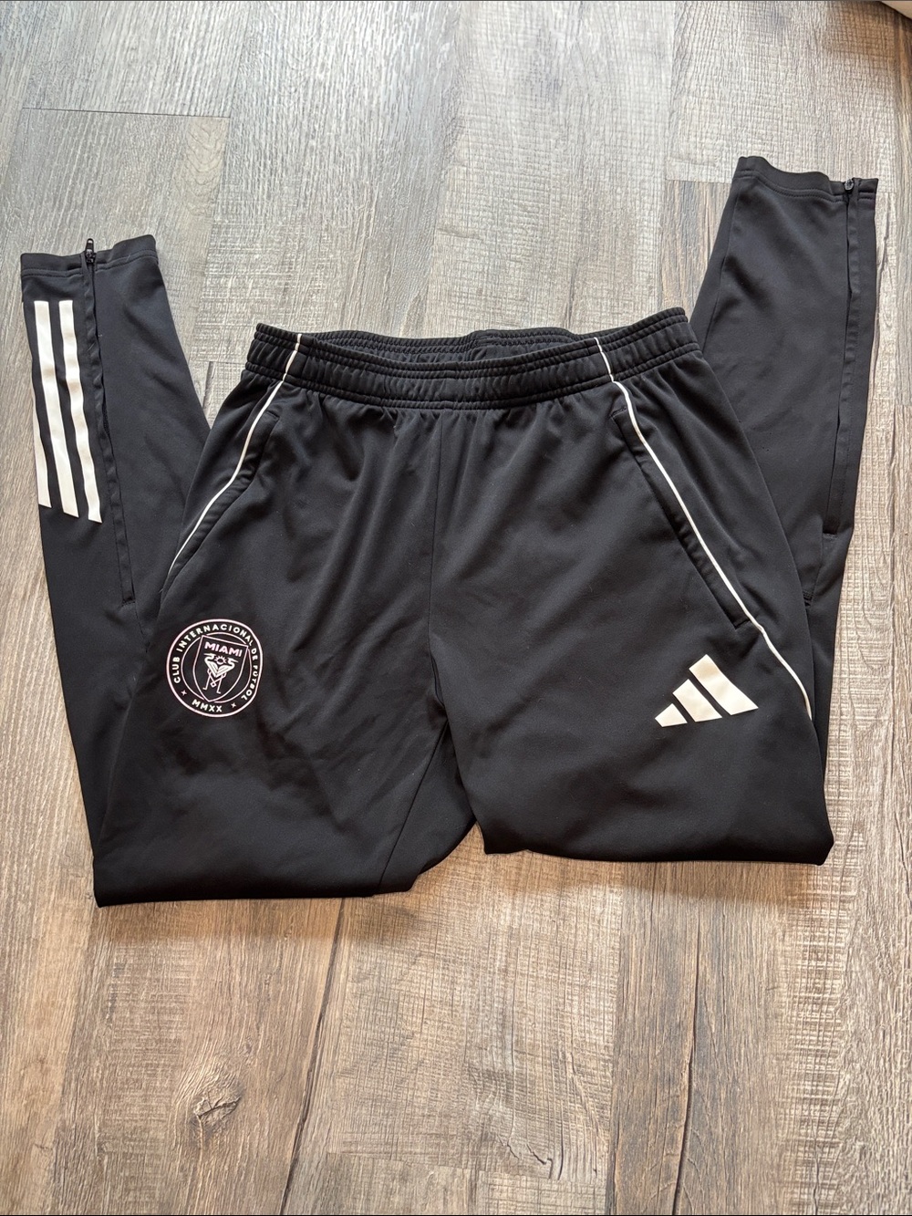 adidas Black Mens Joggers with White Logo & InterMiami Badge Slim Fit Med